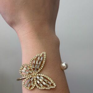 Gold Butterfly Bracelet Bangle Adjustable Pearl Accent